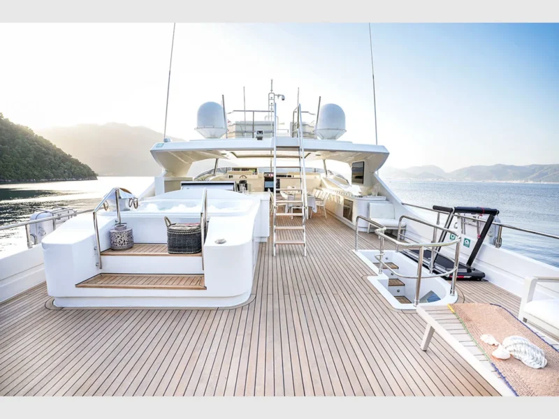 MY Panfeliss luxury charter yacht outdoor upper deck flybridge with jacuzzi and treadmill