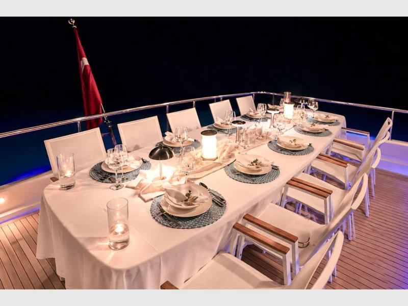 MY Panfeliss luxury charter yacht outdoor upper deck dining table