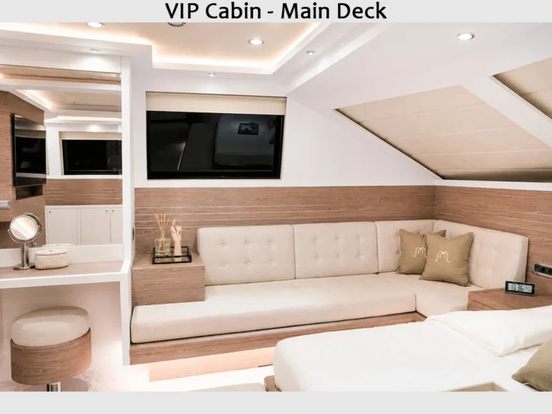 MY Panfeliss luxury charter yacht interior main deck VIP cabin sofa and vanity table