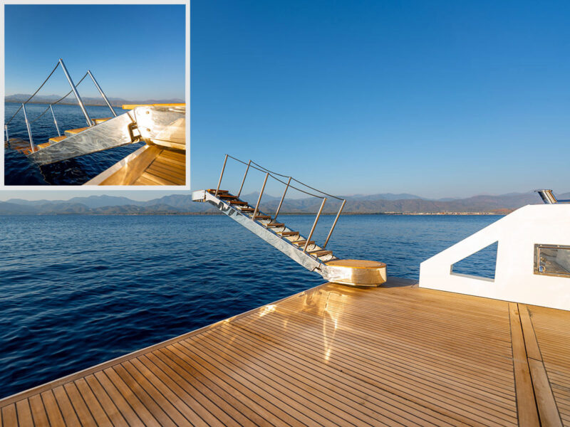 Alessandro trawler charter yacht aft platform with hydraulic pasarella