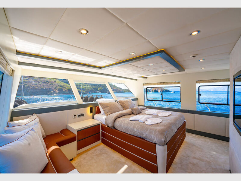 Alessandro trawler charter yacht interior main deck VIP cabin with panoramic sea view