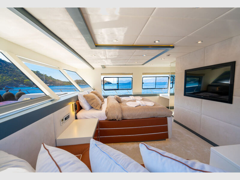 Alessandro trawler charter yacht interior main deck VIP cabin with panoramic sea view