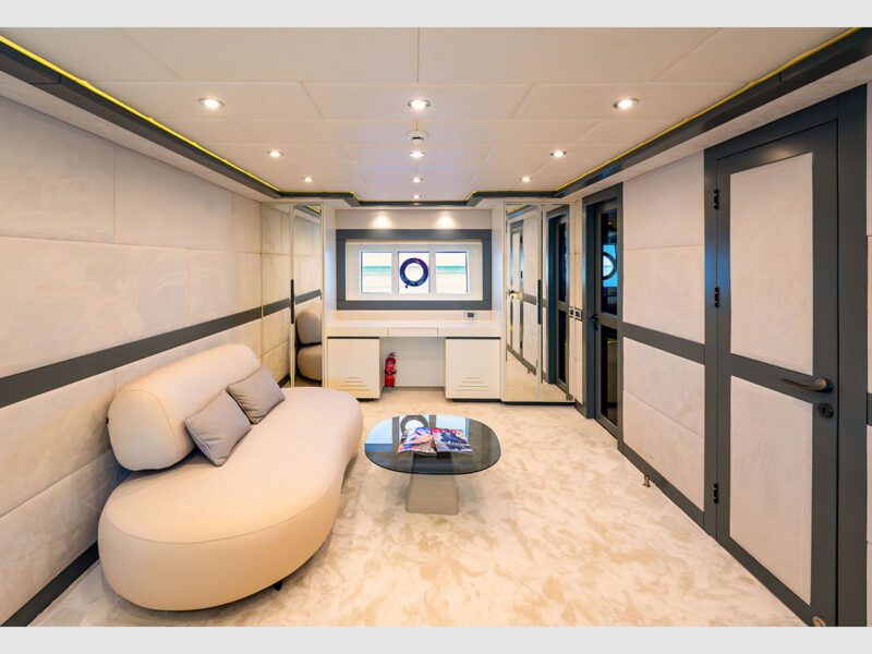 Alessandro trawler charter yacht interior master cabin lounge area