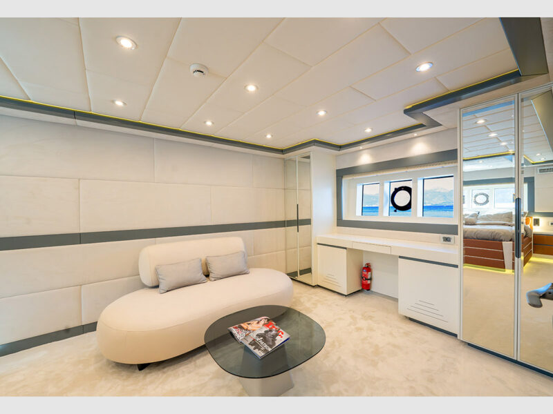Alessandro trawler charter yacht interior master cabin lounge area