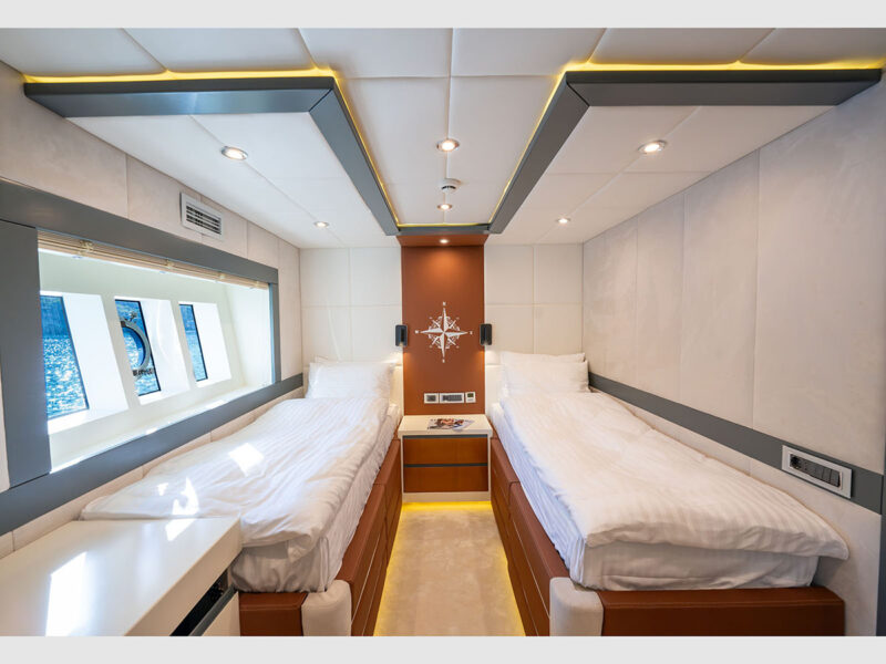 Alessandro trawler charter yacht interior twin cabin