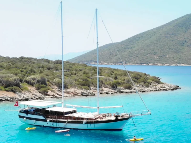 Ametist A gulet exterior drone shot from starboard side