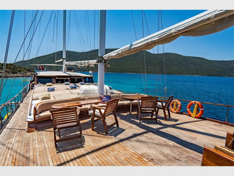 Ametist A gulet outdoor fore deck lounge area wide angle