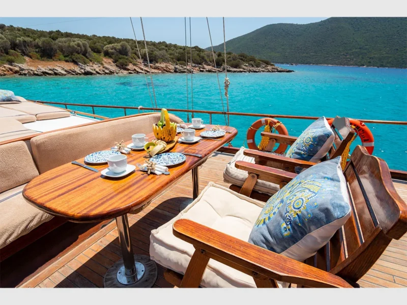Ametist A gulet outdoor fore deck lounge area close-up