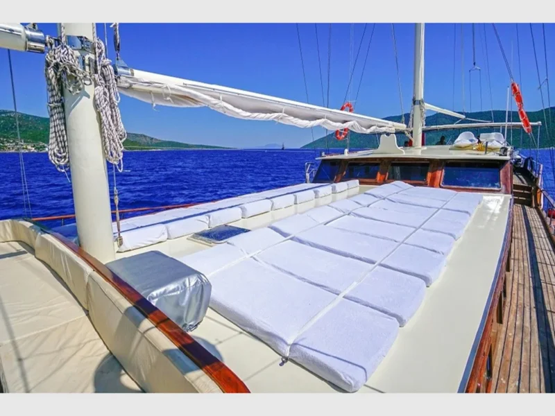Ametist A gulet outdoor fore deck sunbeds wide angle