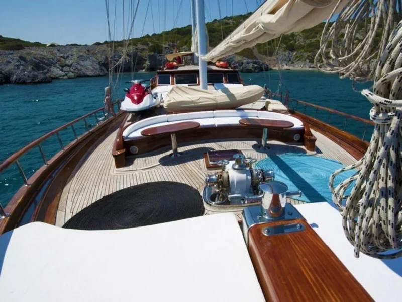 Arif Kaptan A gulet outdoor forward deck with sunbeds and lounge area
