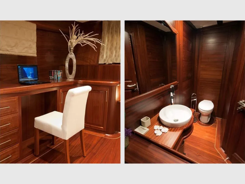 Arif Kaptan A gulet interior aft master cabin vanity table and bathroom