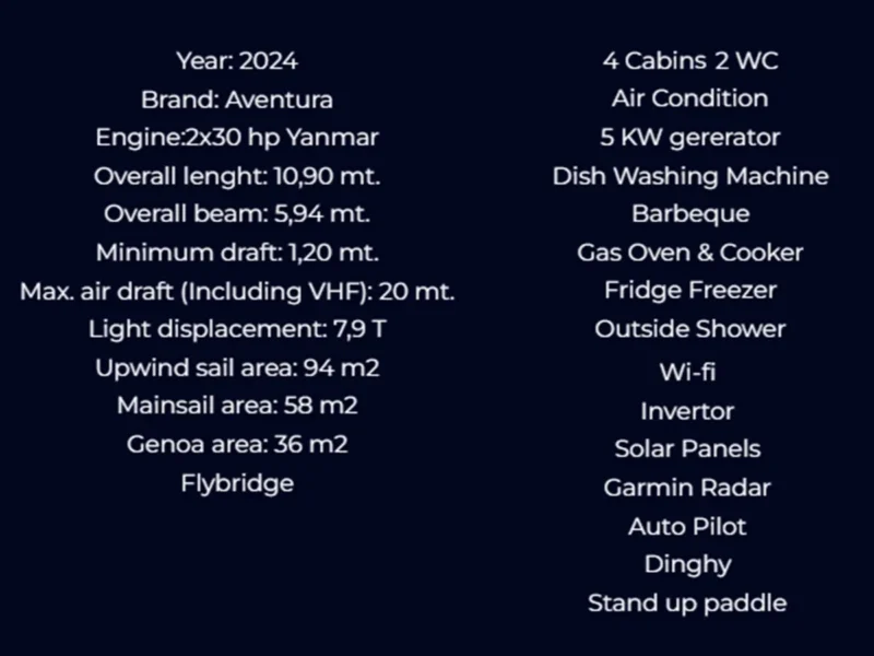 Aventura 37 catamaran technical specifications and equipment list
