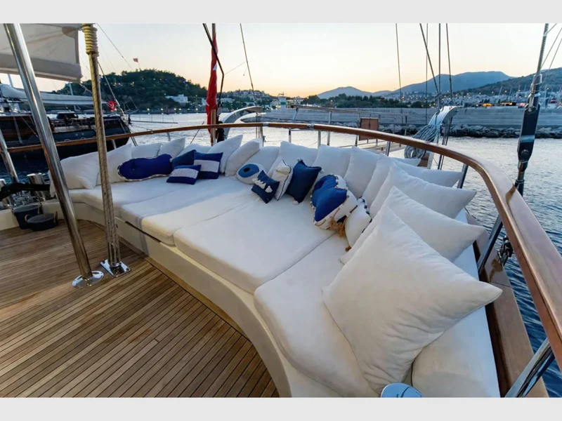 Babylon gulet outdoor aft deck lounge area with sunbeds