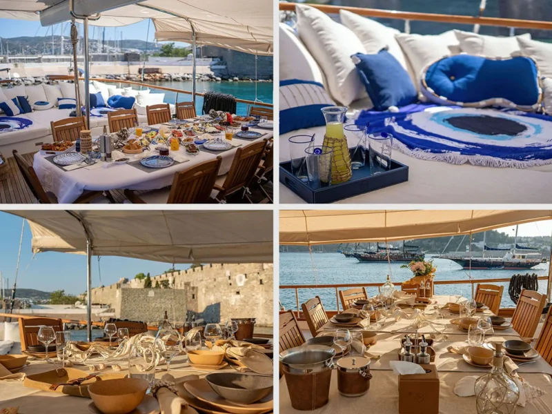 Babylon gulet aft deck breakfast table setting service details