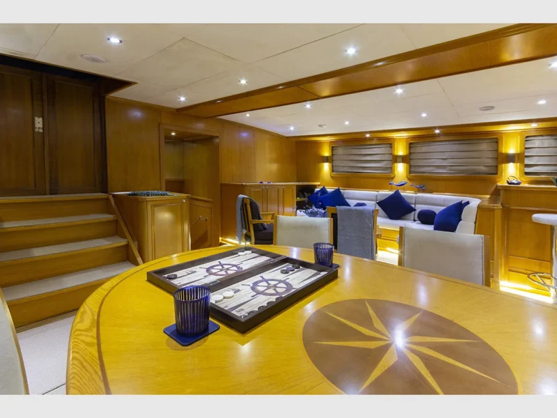 Babylon gulet interior saloon, view from dining table