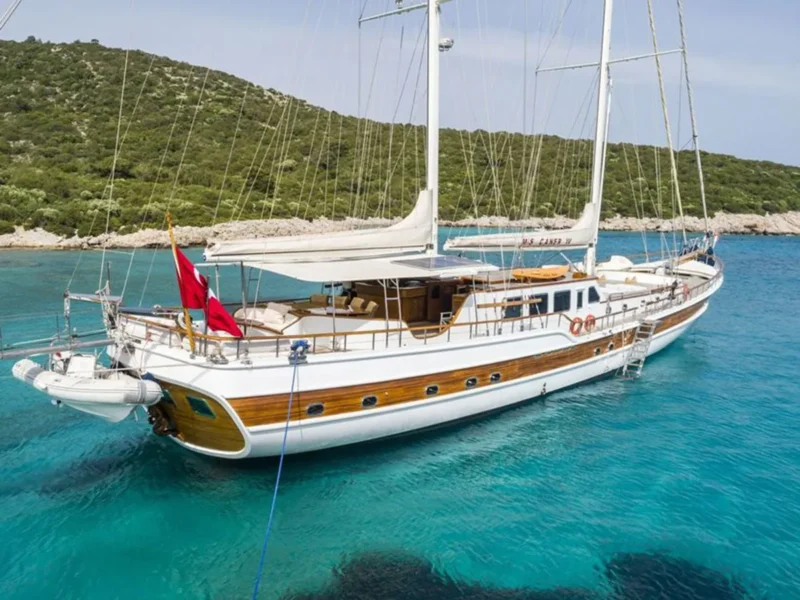 Caner 4 gulet exterior drone shot from starboard aft quarter
