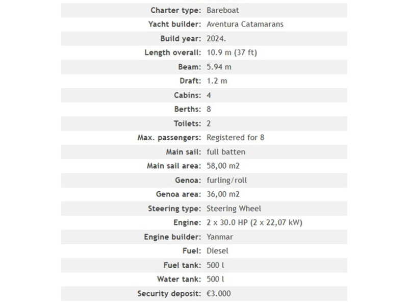 Aventura 37 catamaran technical specifications list