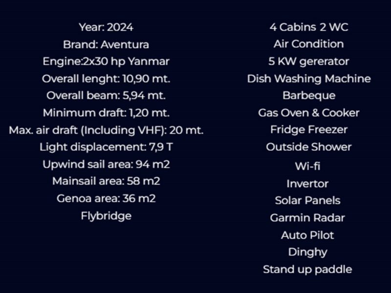 Aventura 37 catamaran Fethiye technical specifications and equipment on board