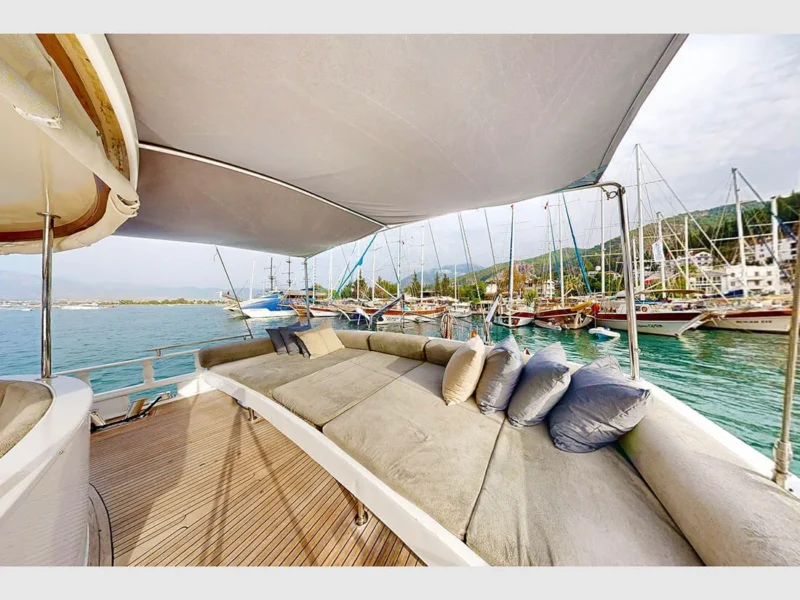 Diamond Lila gulet outdoor aft deck lounge area wide angle
