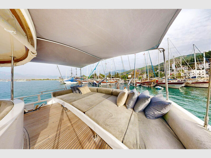 Diamond Lila charter gulet outdoor aft deck lounge area sunbeds
