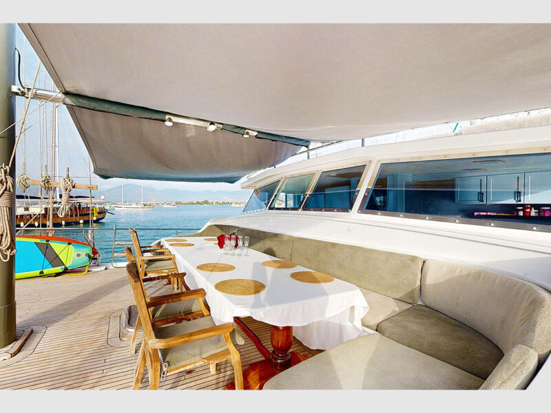 Diamond Lila charter gulet outdoor fore deck dining table