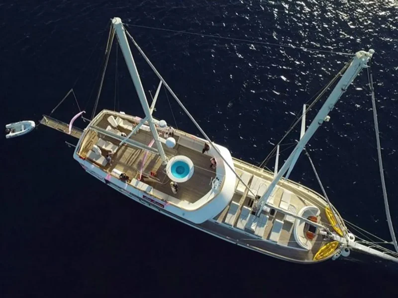 Gul Sultan charter gulet exterior drone shot of upper deck from top