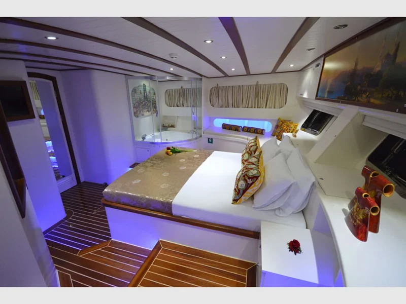 Gul Sultan charter gulet interior aft master wide angle