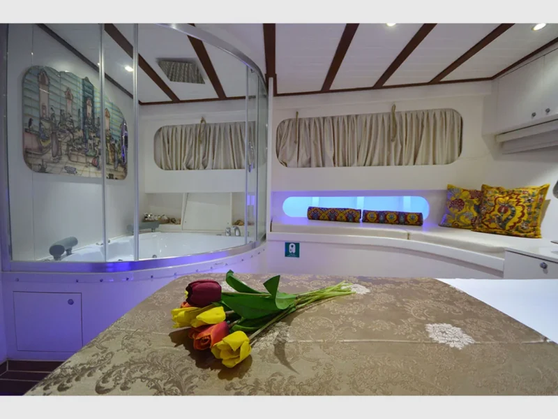 Gul Sultan charter gulet interior aft master jacuzzi view from bed