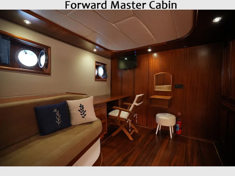 Kocaoglan-1 gulet interior forward master cabin vanity table and sofa
