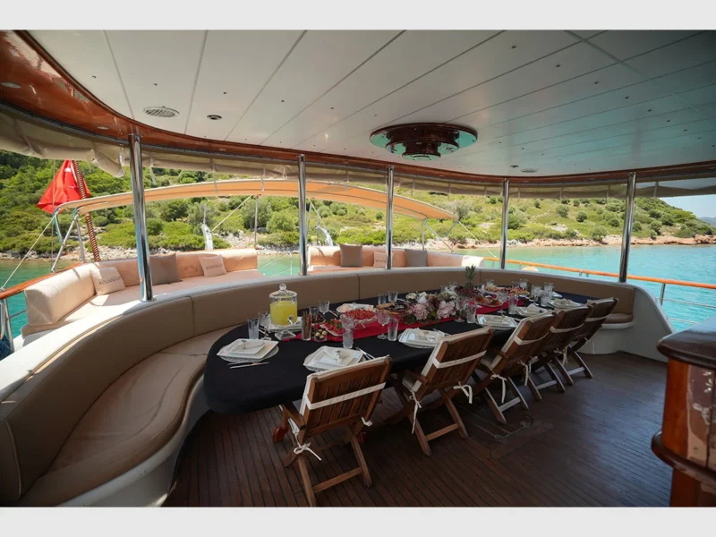 Kocaoglan-1 gulet outdoor aft deck dining table