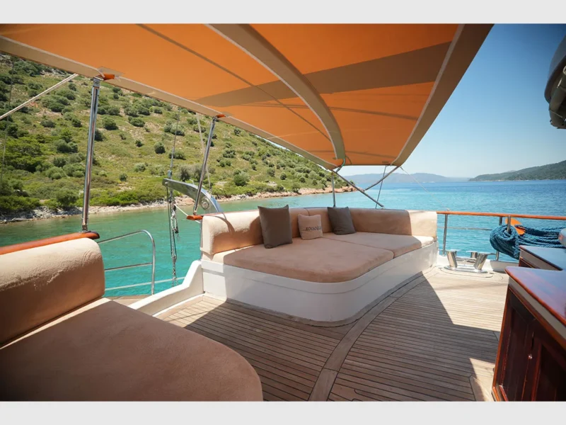 Kocaoglan-1 gulet outdoor aft deck sunbeds with bimini