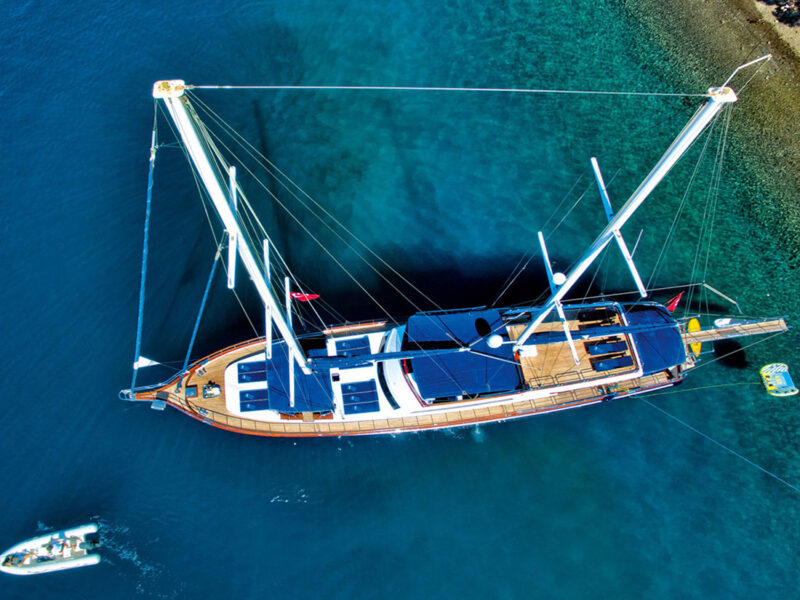 Maske-2 charter gulet exterior drone shot from top