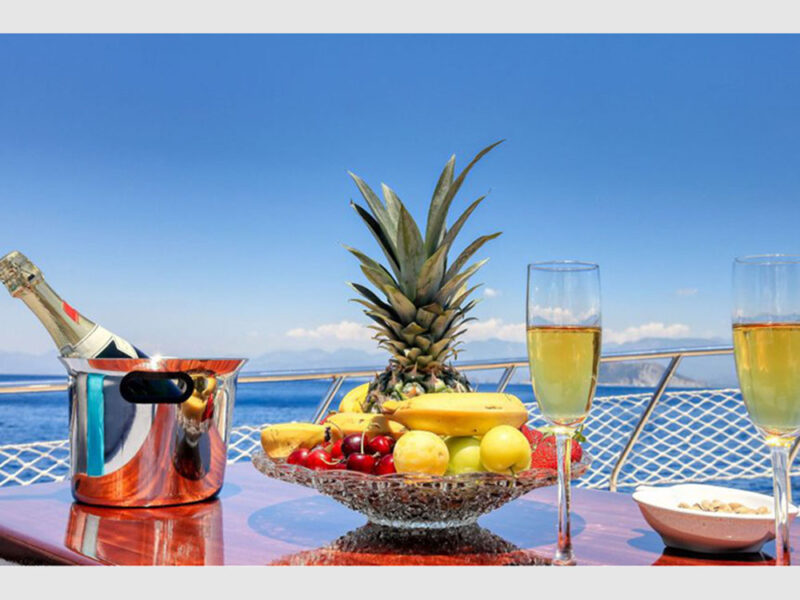 Maya charter gulet outdoor fore deck champagne service