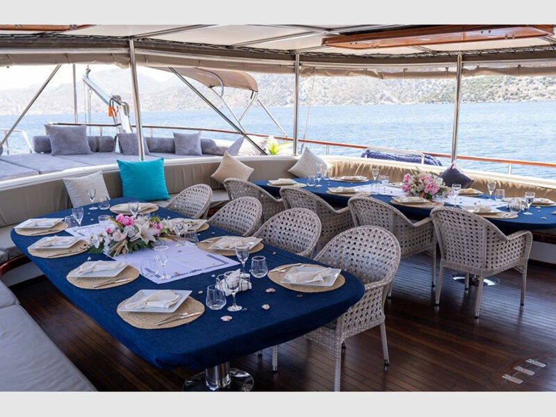 Nevra Queen charter gulet aft deck dining tables
