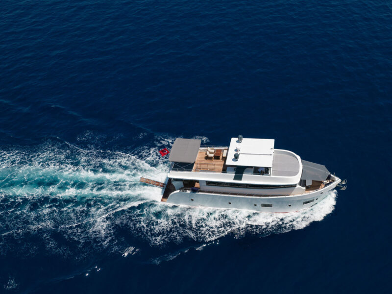 Drone shot of charter Trawler Oggusto from starboard side