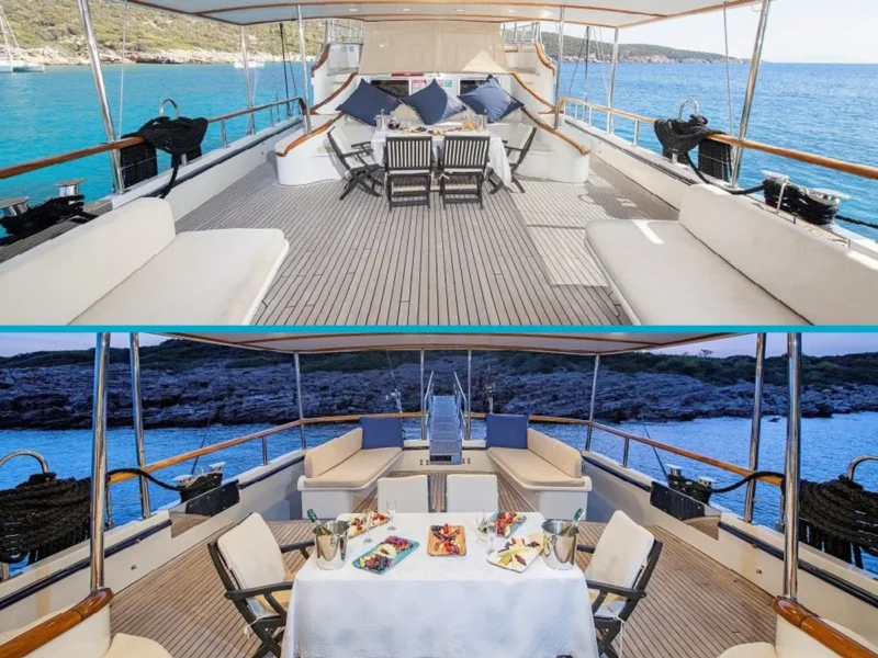 Oguz Bey gulet outdoor aft deck dining table and lounge area