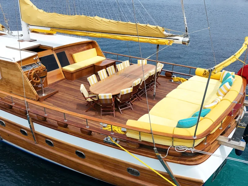 Parss gulet outdoor aft deck close-up drone shot