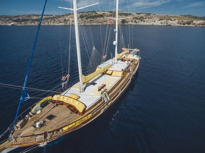 Parss gulet exterior aerial drone shot from port bow quarter