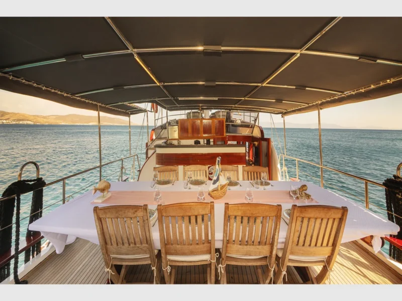 Perla Del Mar 1 gulet outdoor aft deck dining table