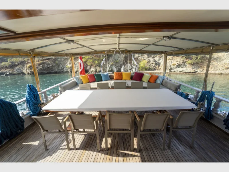 Prenses Lila gulet charter yacht outdoor aft deck dining table and lounge area