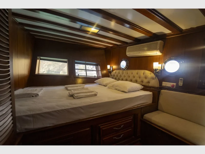 Prenses Lila gulet charter yacht interior aft cabin port side wide angle