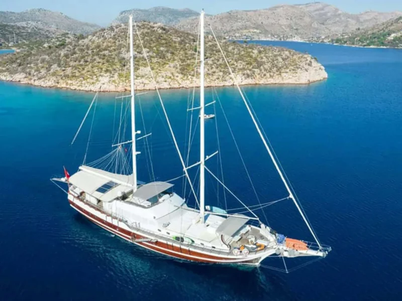 S Nur Taylan gulet charter yacht drone shot from distance