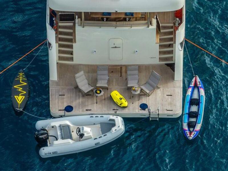 Tanway Trawler Charter Yacht Outdoor Aft Platform Drone Shot