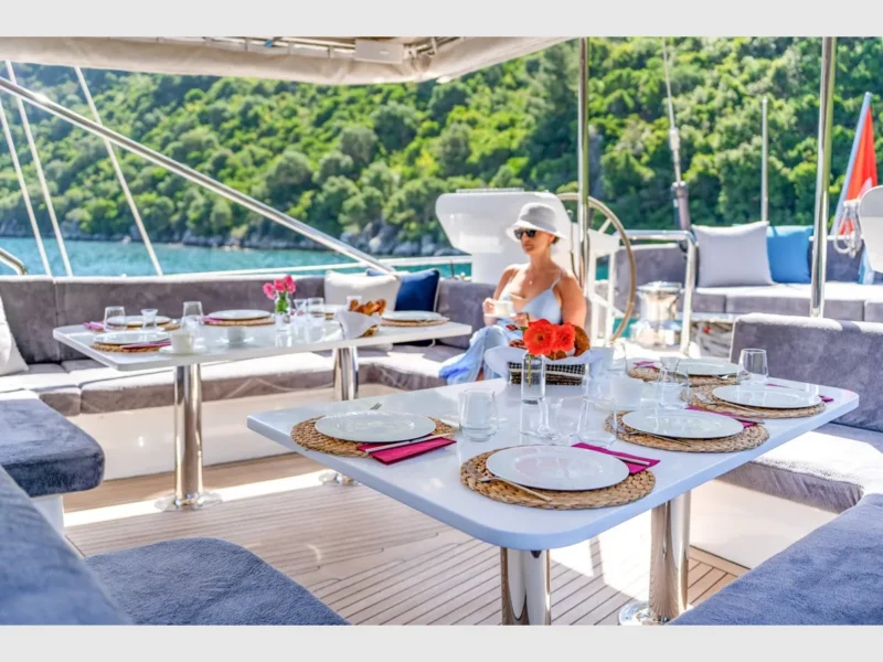 Ubi Bene gulet charter yacht outdoor aft deck dining tables
