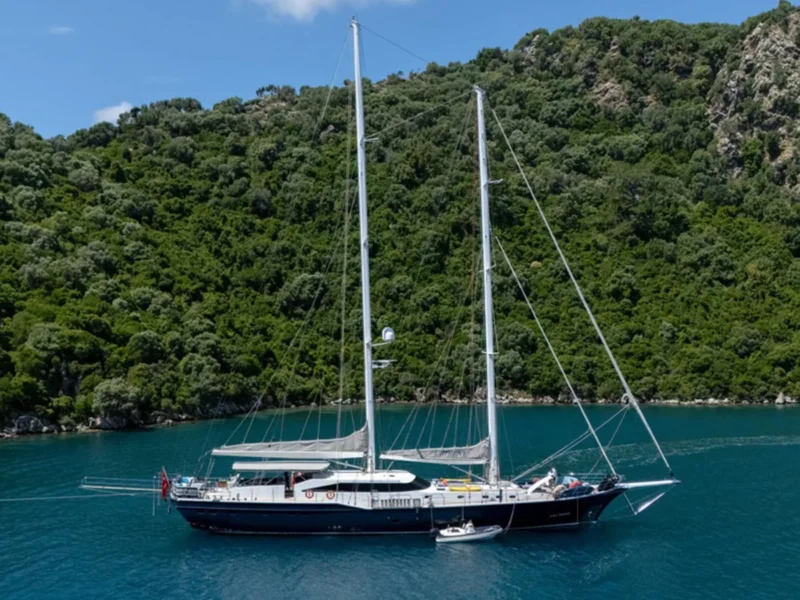 Ubi Bene gulet charter yacht exterior drone shot from starboard side