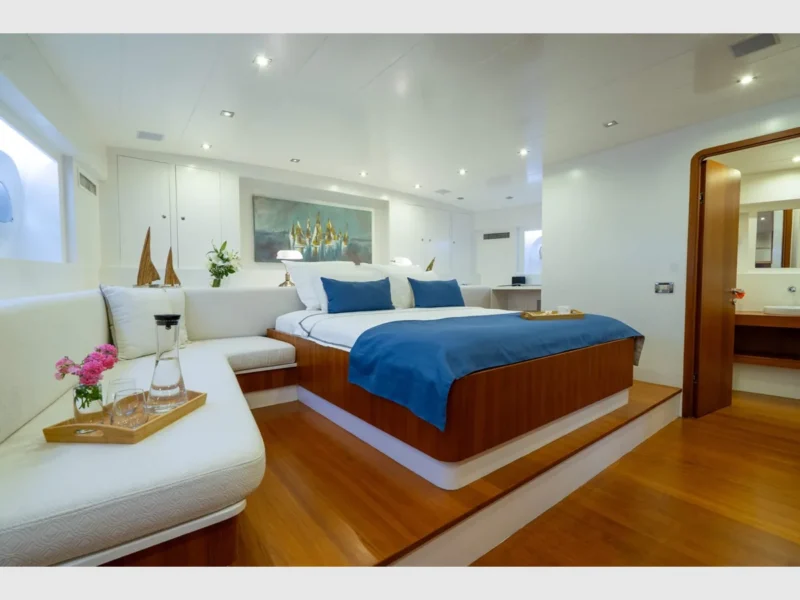 Ubi Bene gulet charter yacht interior master cabin wide angle