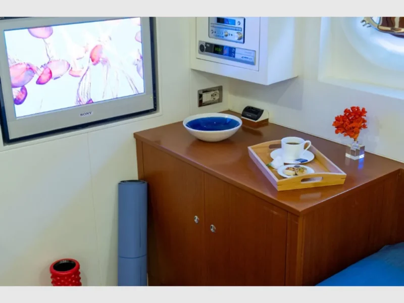 Ubi Bene gulet charter yacht interior triple cabin TV and music system controls