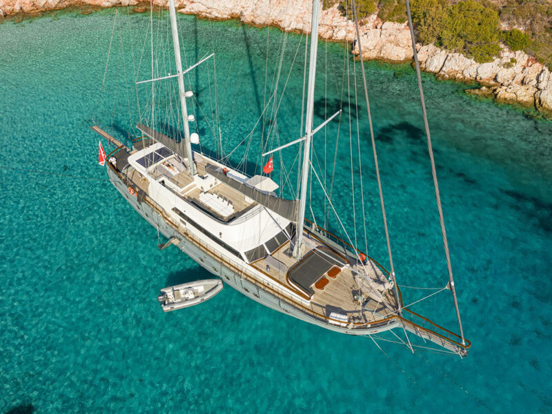 Virtuoso charter gulet drone shot at anchor