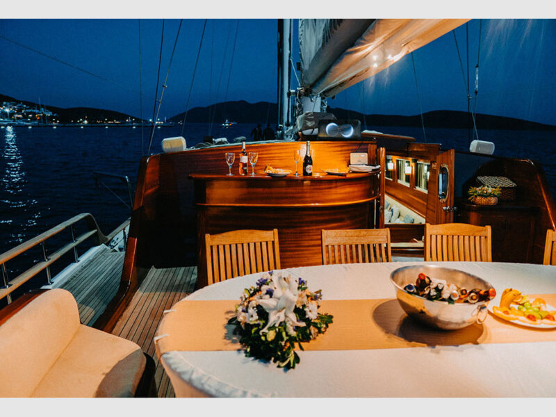 Wicked Felina gulet outdoor aft deck in the evening