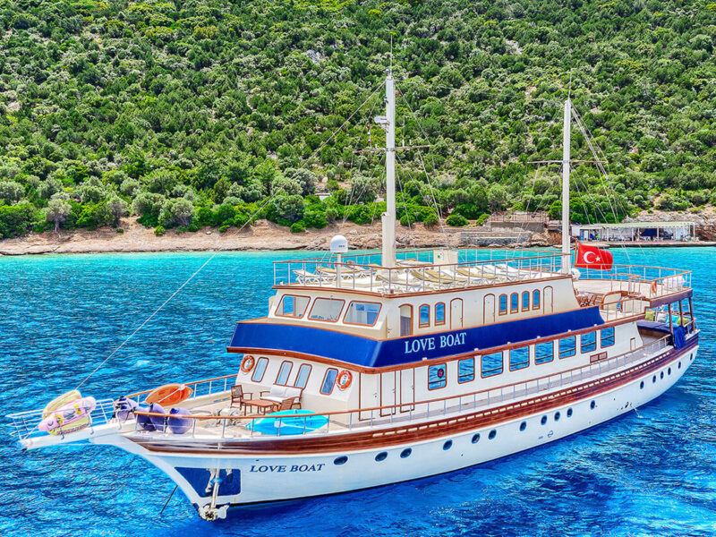 Love Boat Gulet Exterior Drone Shot from Port Bow Quarter